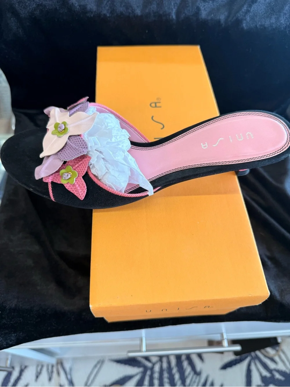 Unisa Pink and Black Floral kitten heels